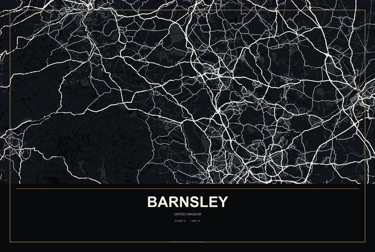 Barnsley, United Kingdom City Map Aluminum Sign in Metropolitan Noir style