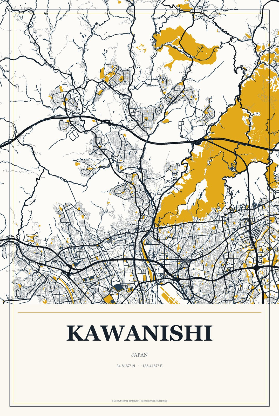 Kawanishi, Japan City Map Aluminum Sign in Citrine Modern style