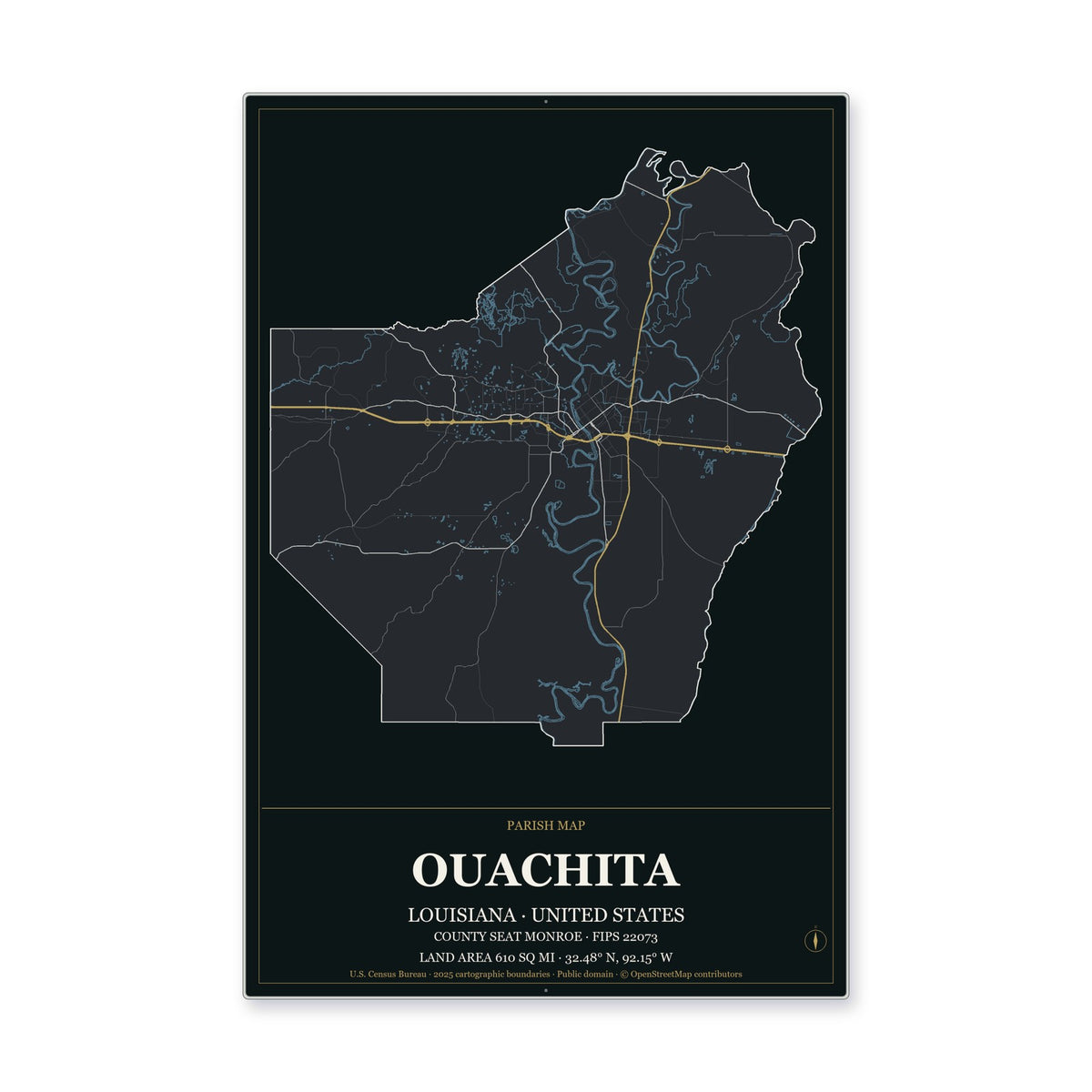 Ouachita Parish, Louisiana Map Aluminum Sign in Metropolitan Noir style