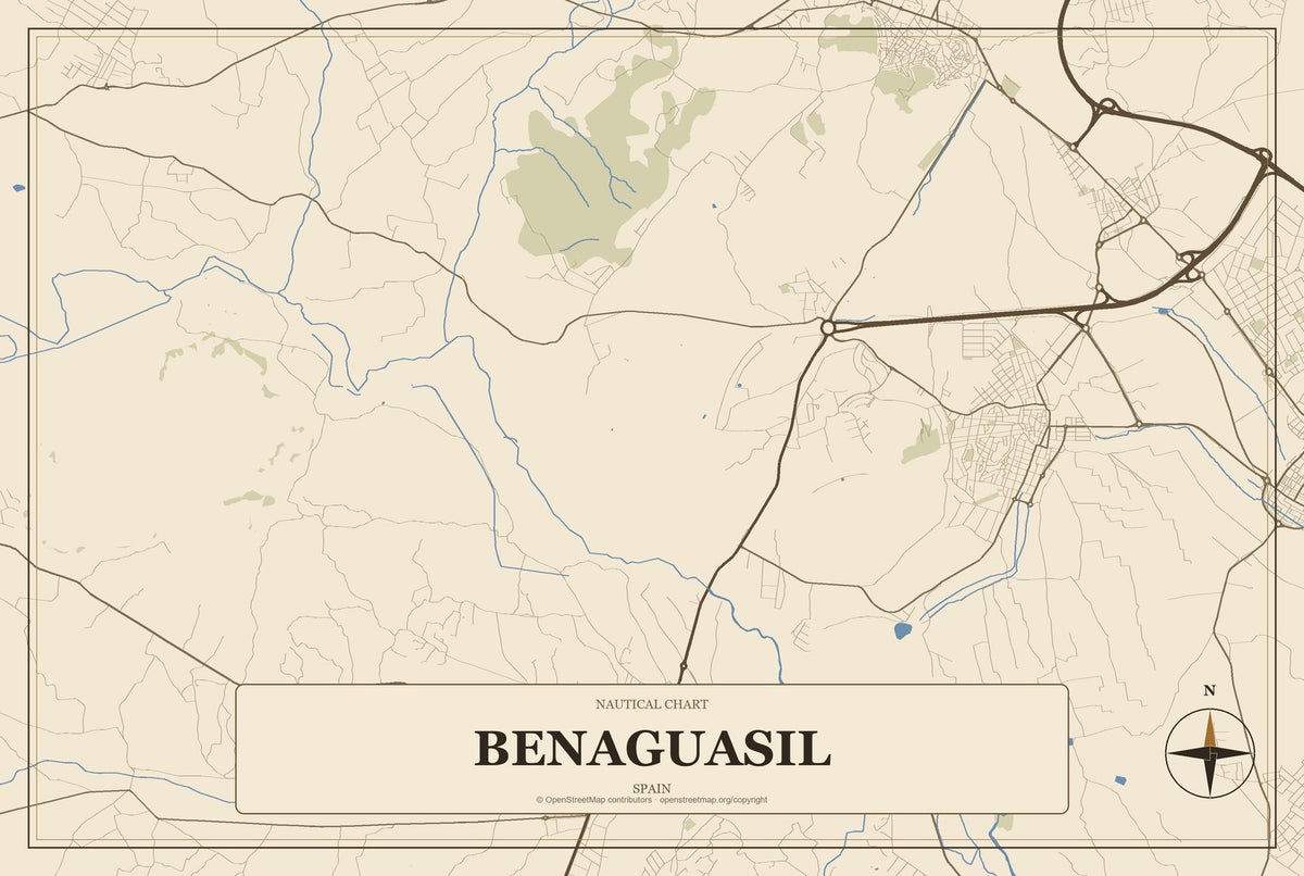 Benaguasil, Spain City Map Aluminum Sign in Heritage Nautical style