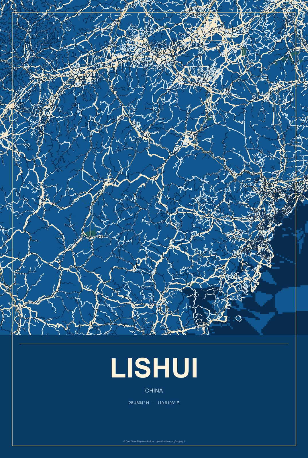 Lishui, China City Map Aluminum Sign in Harbor Cobalt style