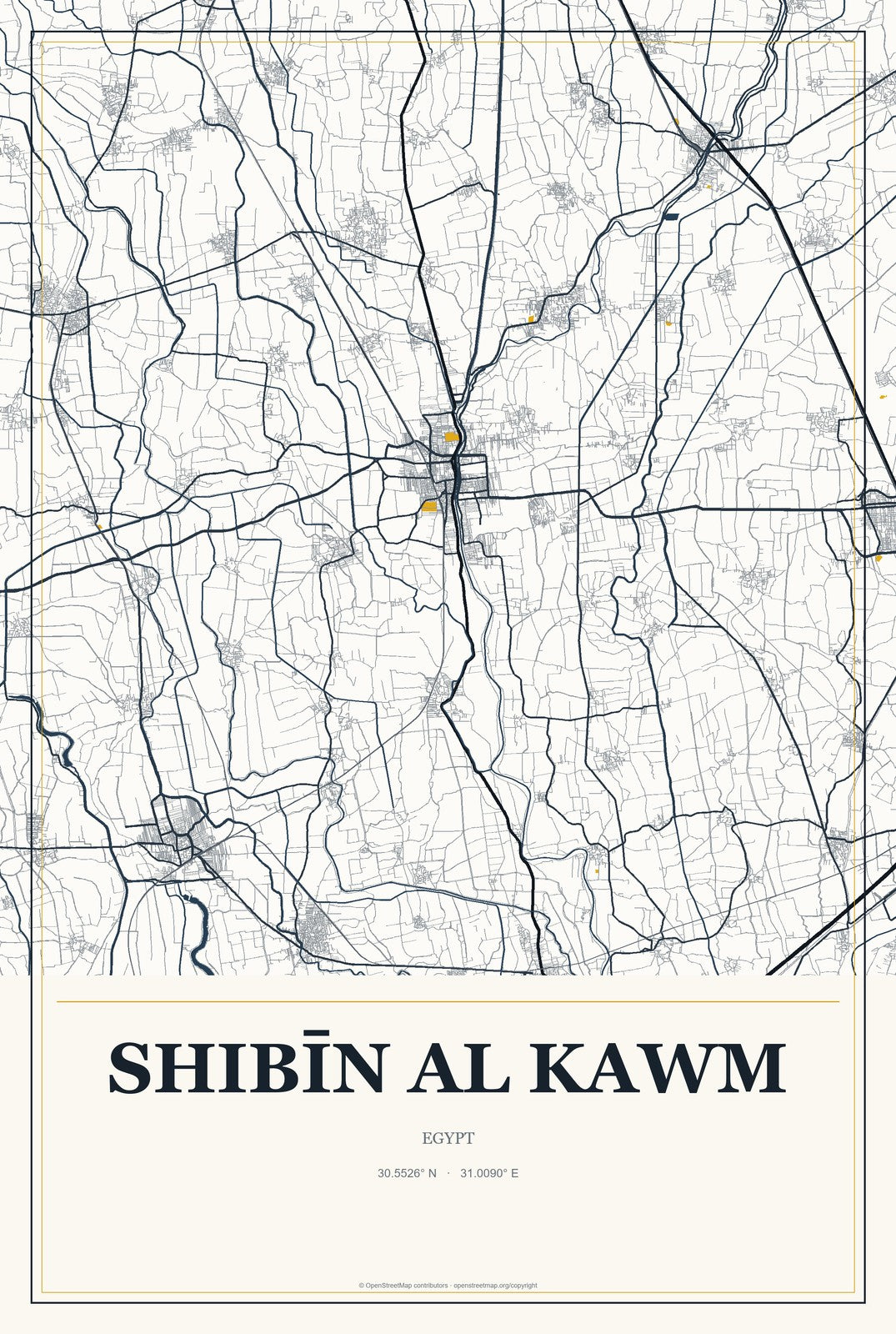 Shibīn al Kawm, Egypt City Map Aluminum Sign in Citrine Modern style