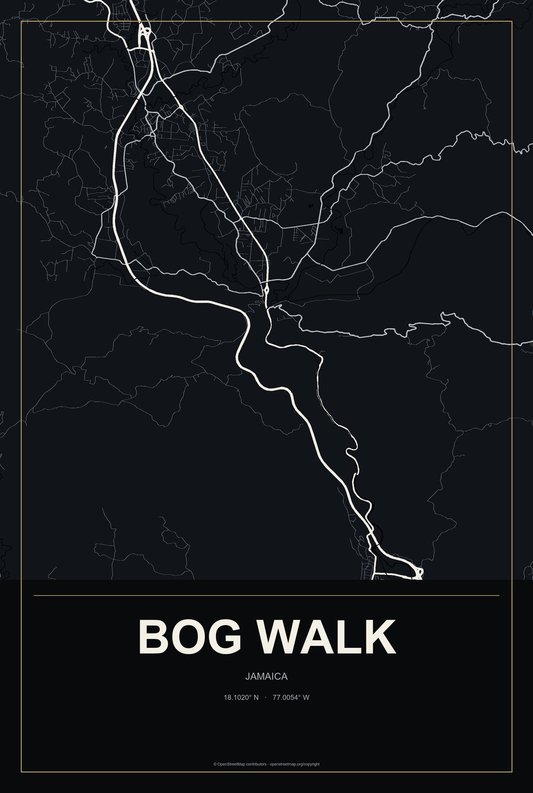 Bog Walk, Jamaica City Map Aluminum Sign in Metropolitan Noir style