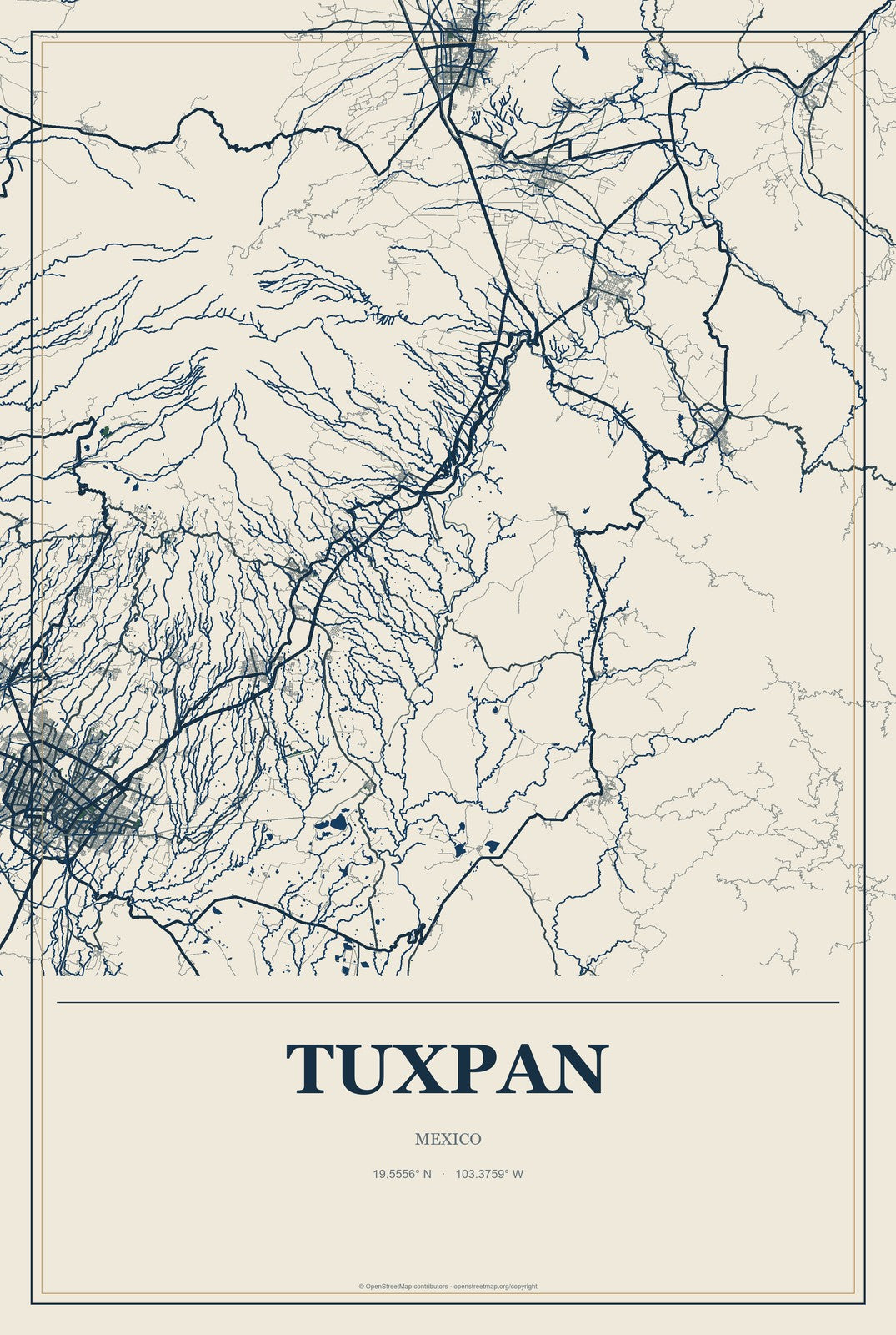 Tuxpan, Jalisco, Mexico City Map Aluminum Sign in Coastal Cutout style