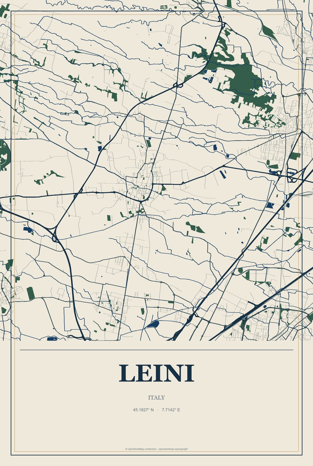 Leini, Italy City Map Aluminum Sign in Coastal Cutout style
