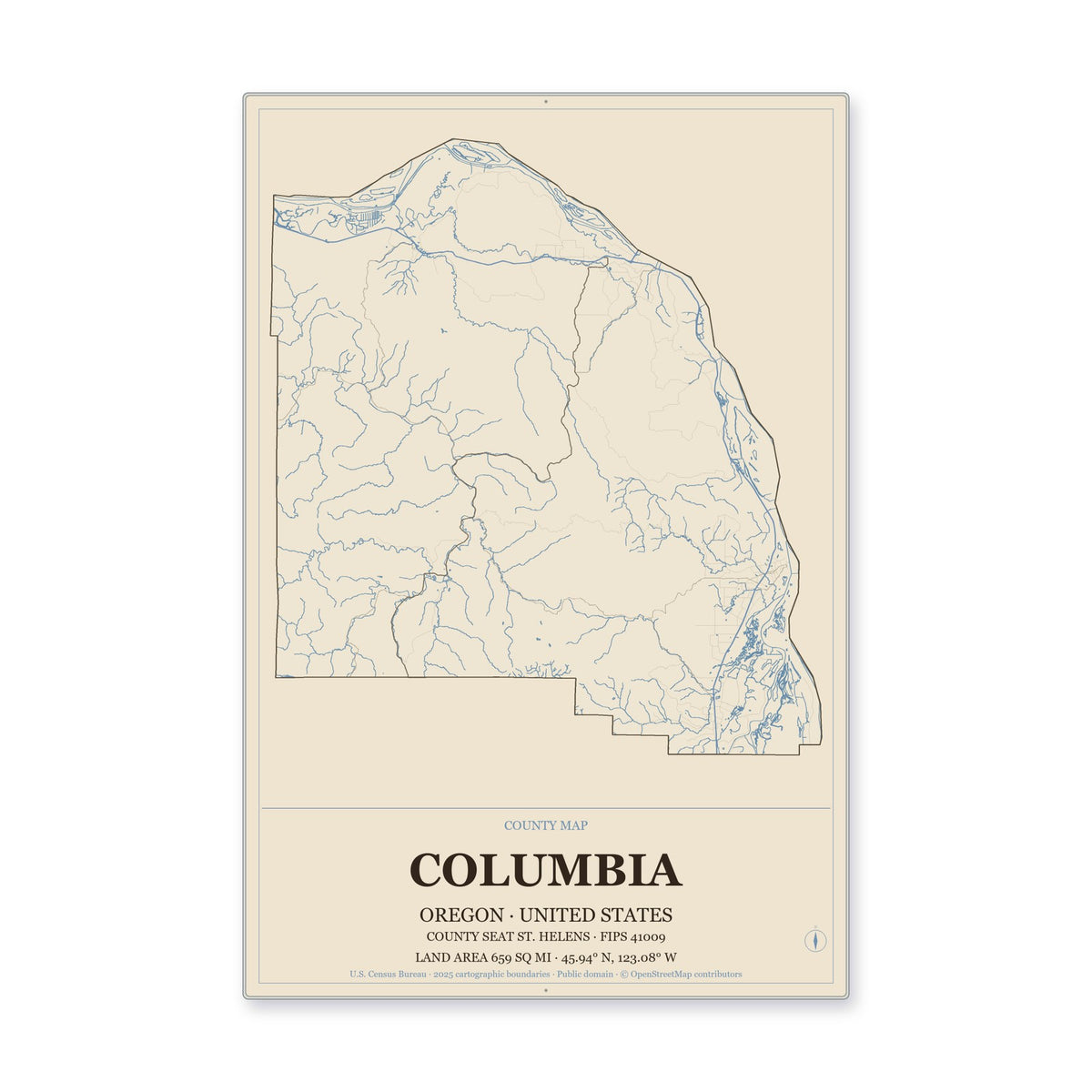 Columbia County, Oregon Map Aluminum Sign in Heritage Nautical style