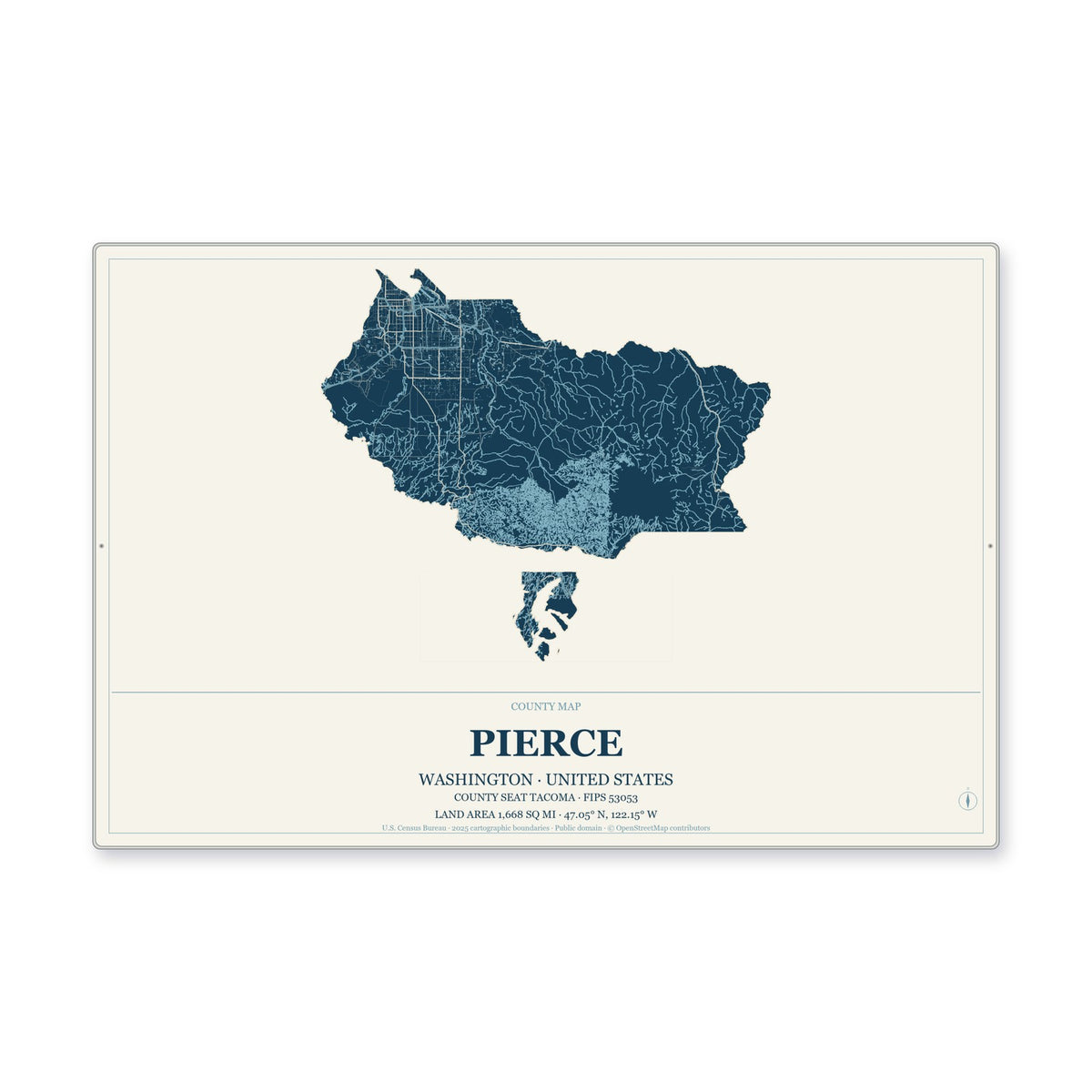 Pierce County, Washington Map Aluminum Sign in Coastal Cutout style