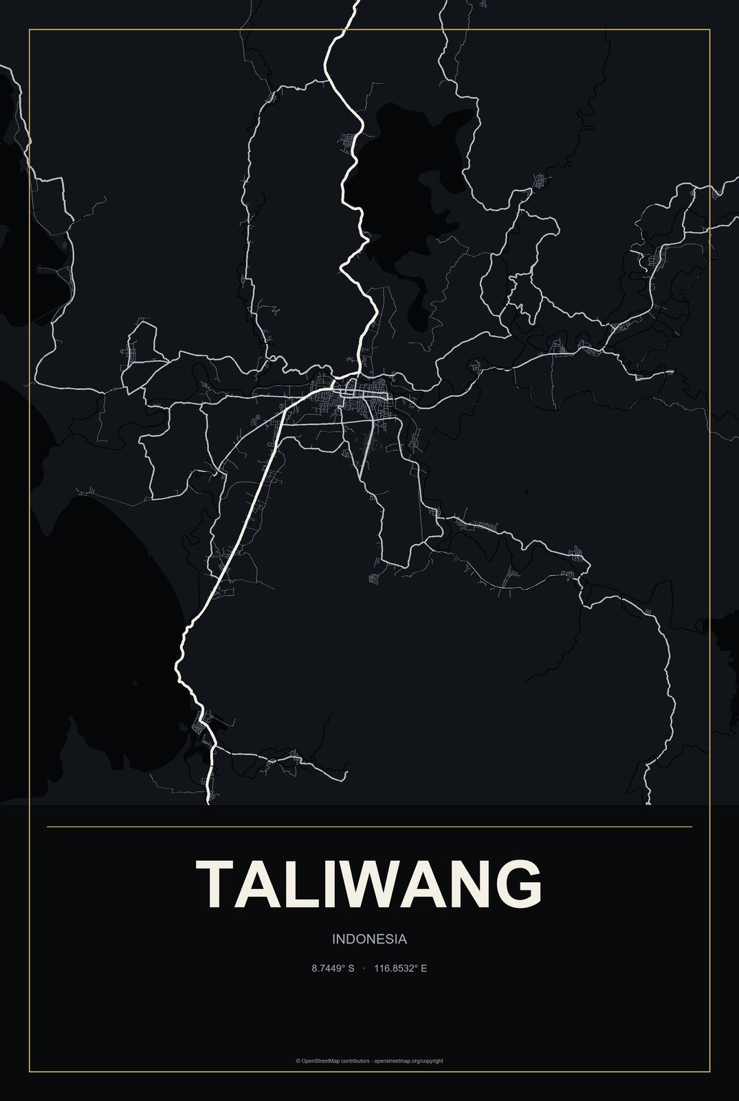 Taliwang, Indonesia City Map Aluminum Sign in Metropolitan Noir style