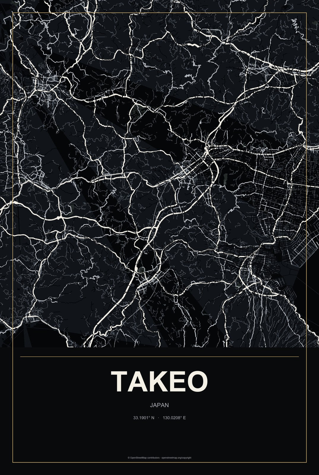 Takeo, Japan City Map Aluminum Sign in Metropolitan Noir style
