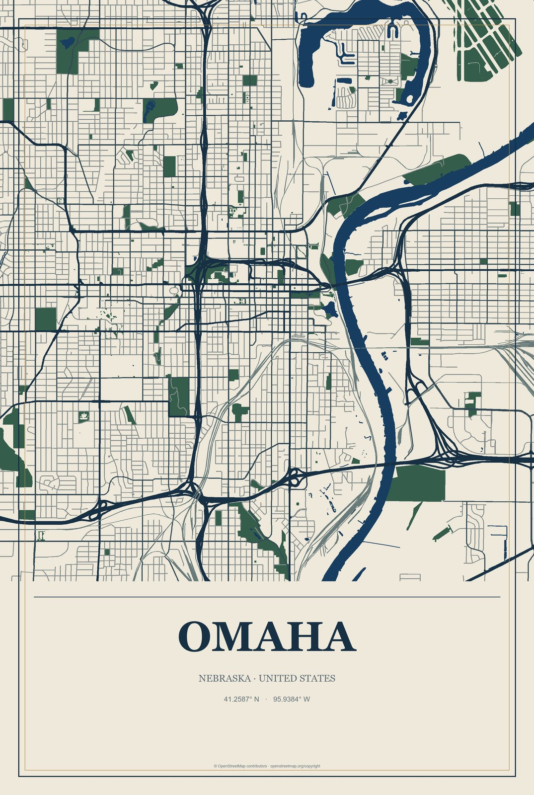 Omaha, Nebraska City Map Aluminum Sign in Coastal Cutout style