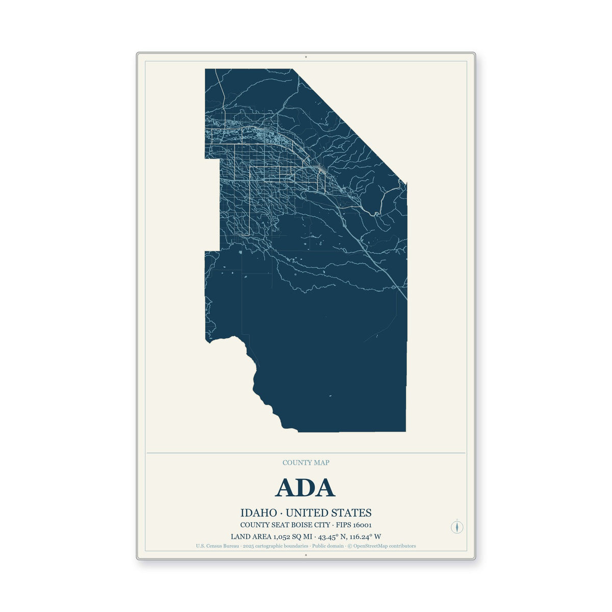 Ada County, Idaho Map Aluminum Sign in Coastal Cutout style