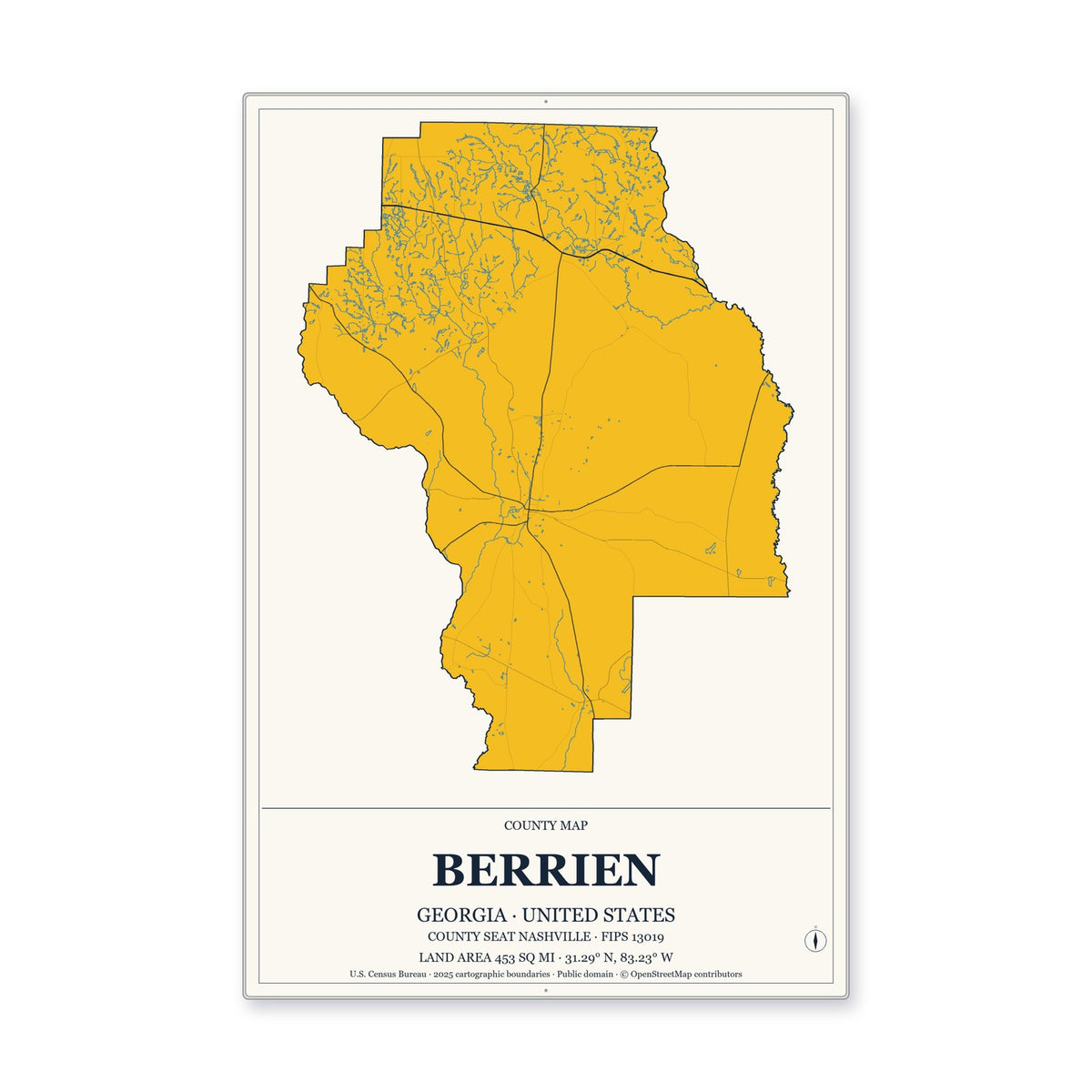 Berrien County, Georgia Map Aluminum Sign in Citrine Modern style