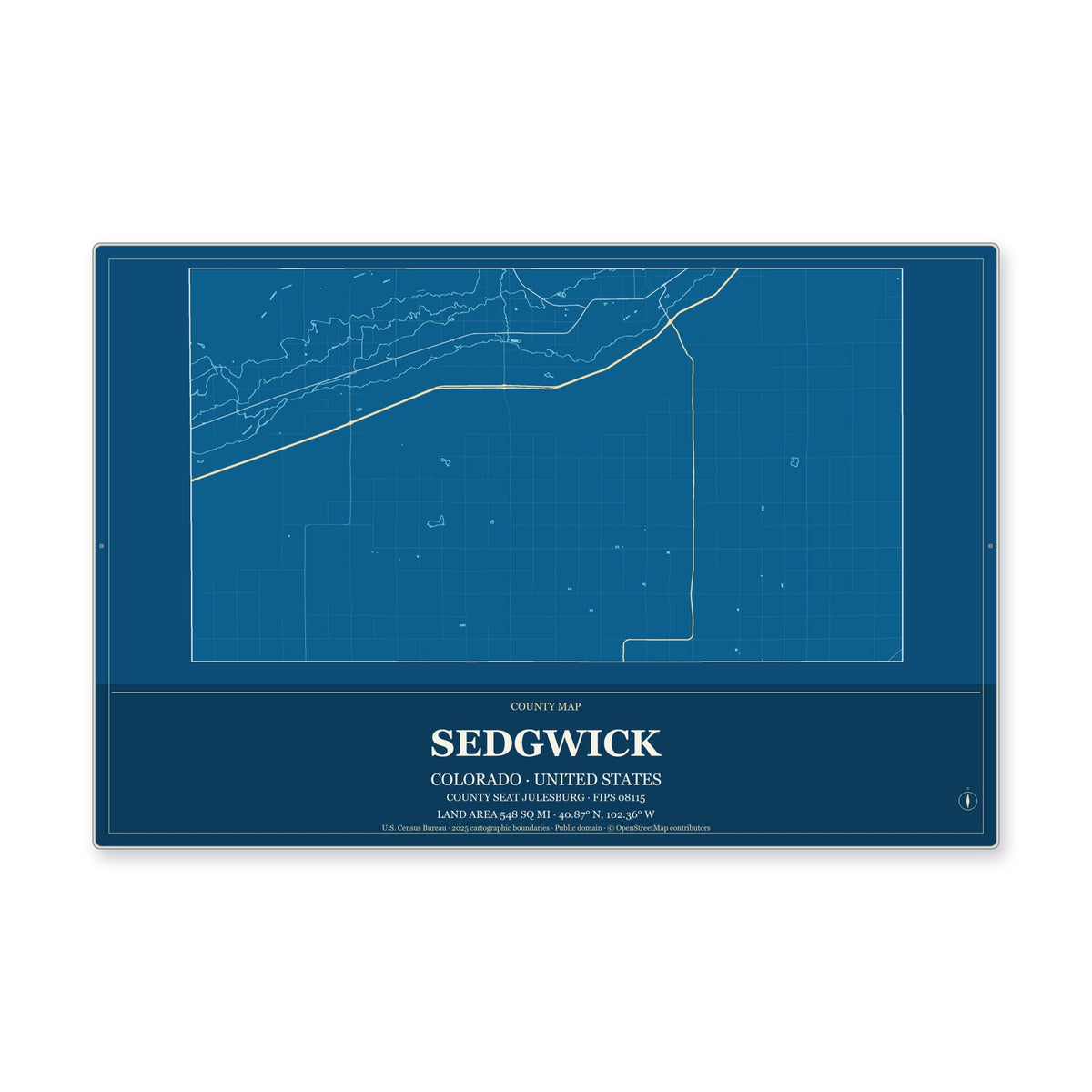 Sedgwick County, Colorado Map Aluminum Sign in Harbor Cobalt style