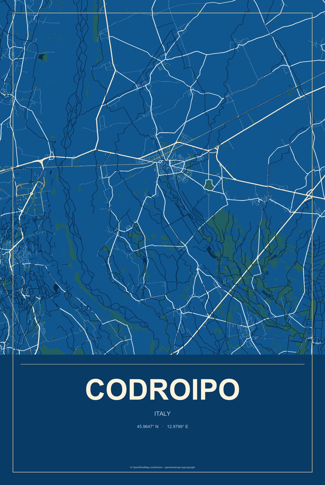 Codroipo, Italy City Map Aluminum Sign in Harbor Cobalt style