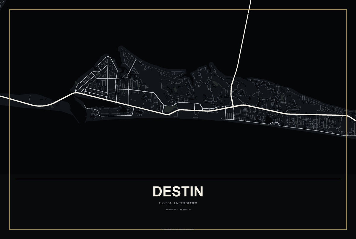 Destin, Florida City Map Aluminum Sign in Metropolitan Noir style