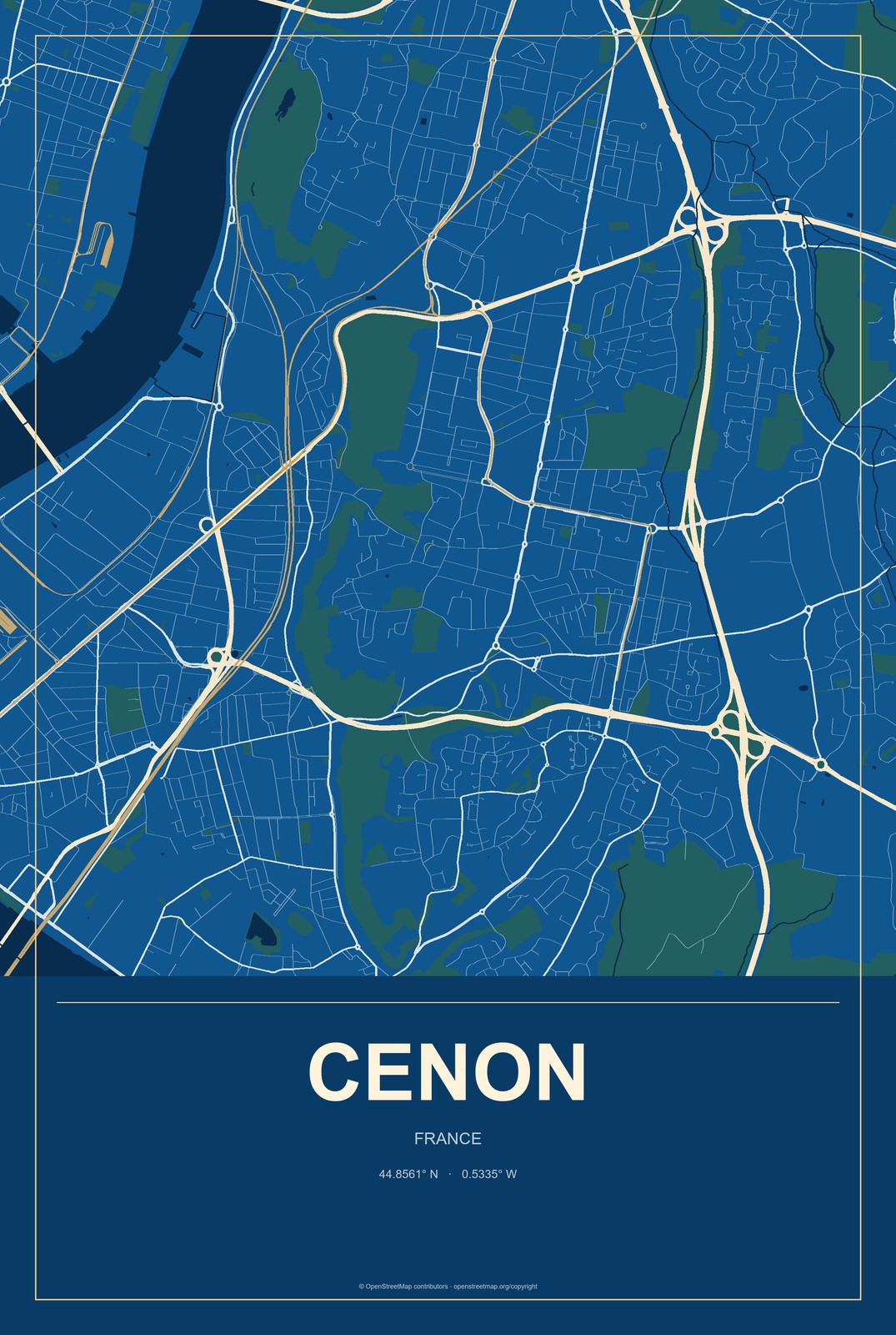 Cenon, France City Map Aluminum Sign in Harbor Cobalt style