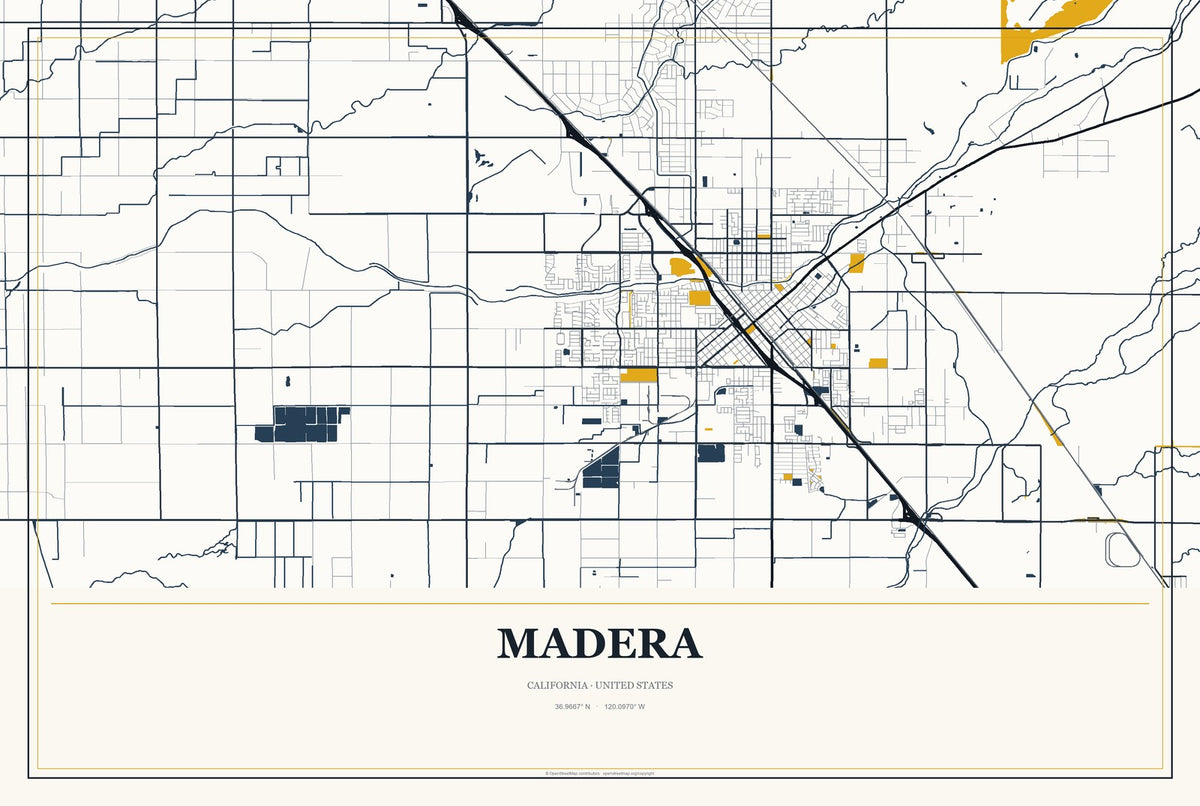 Madera, California City Map Aluminum Sign in Citrine Modern style