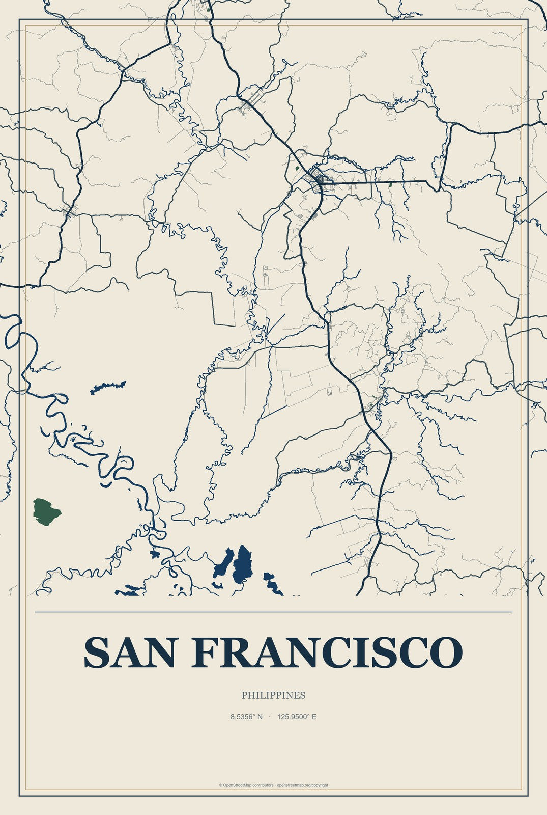 San Francisco, Central Luzon, Philippines City Map Aluminum Sign in Coastal Cutout style