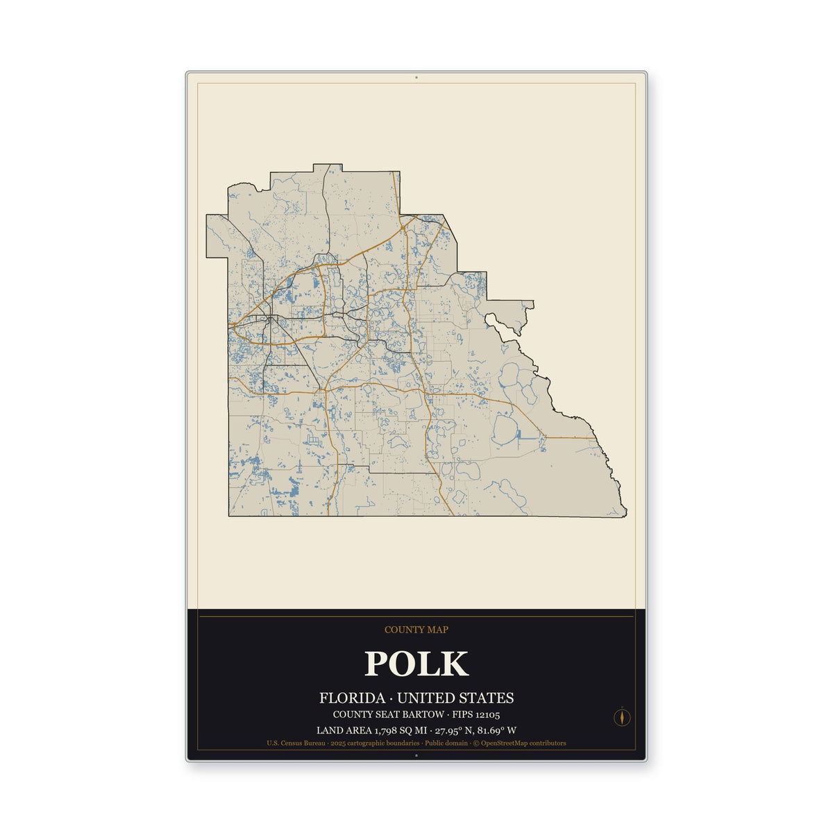 Polk County, Florida Map Aluminum Sign in Museum Plaque style