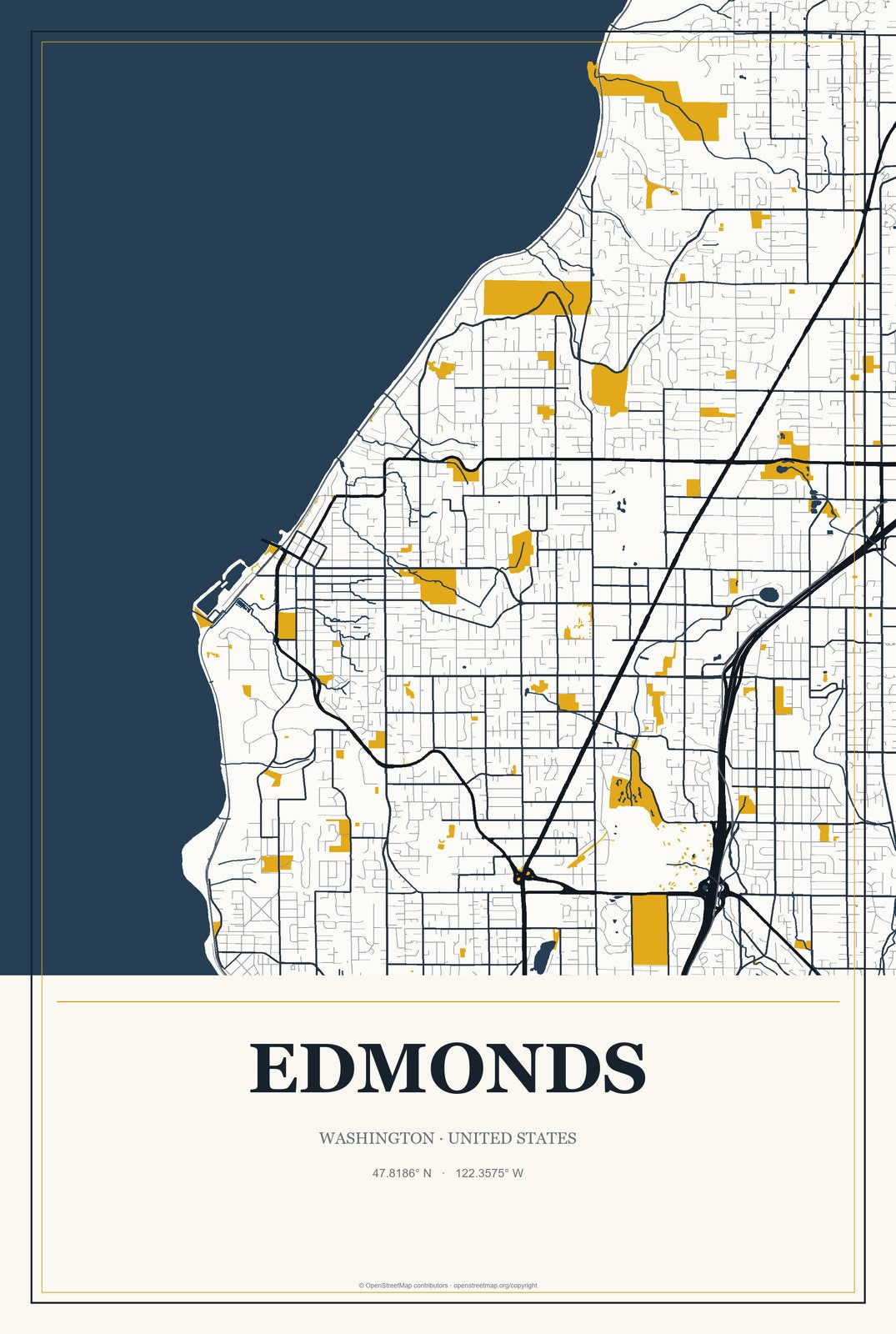 Edmonds, Washington City Map Aluminum Sign in Citrine Modern style