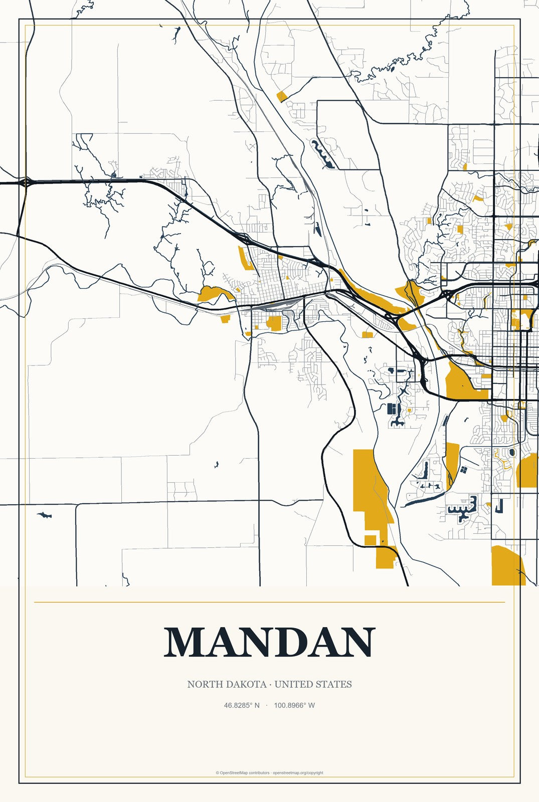 Mandan, North Dakota City Map Aluminum Sign in Citrine Modern style