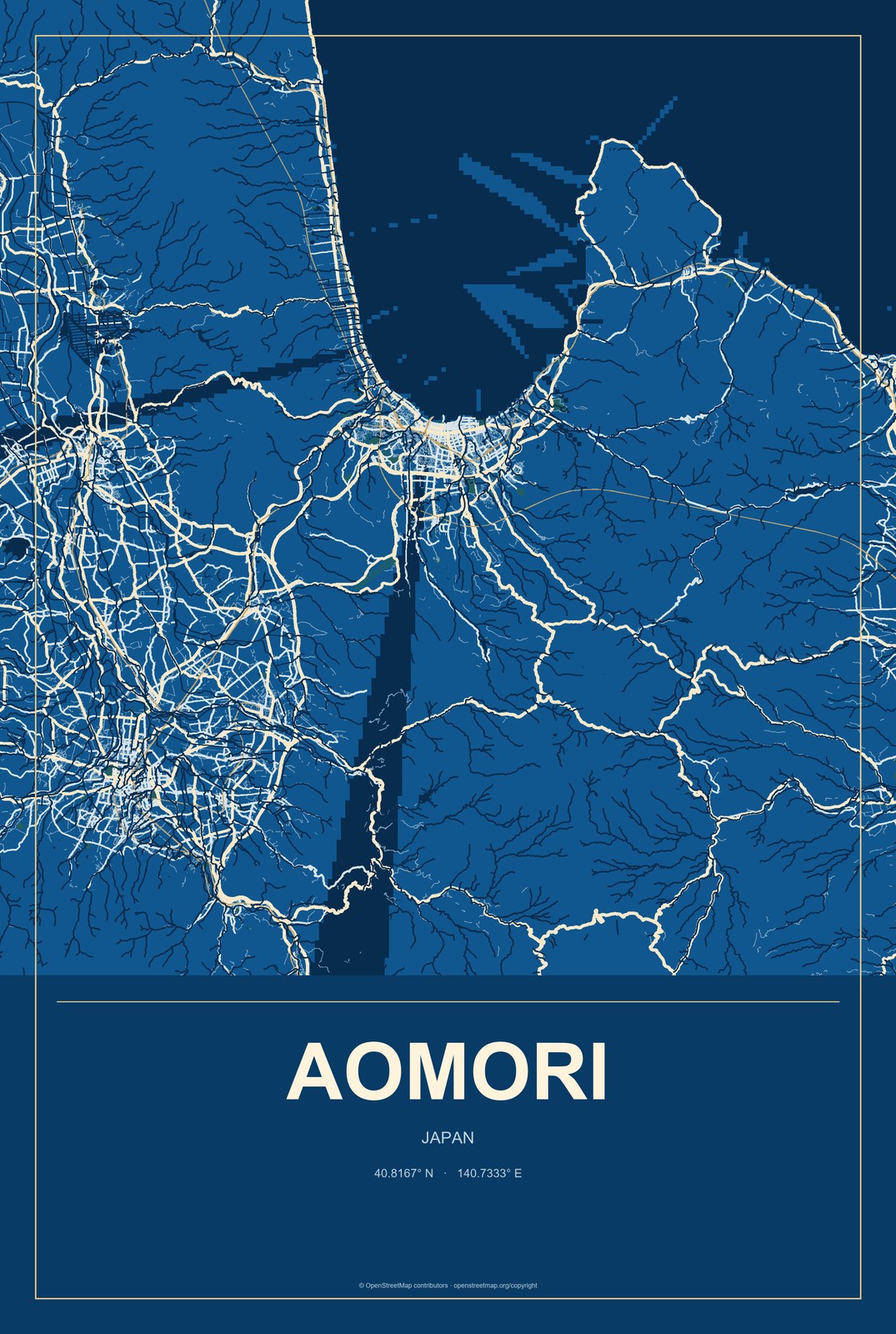 Aomori, Japan City Map Aluminum Sign in Harbor Cobalt style