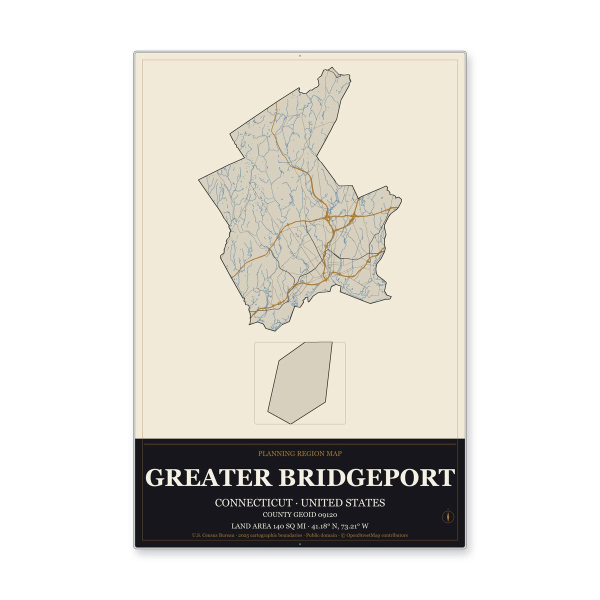 Greater Bridgeport Planning Region, Connecticut Map Aluminum Sign in Museum Plaque style