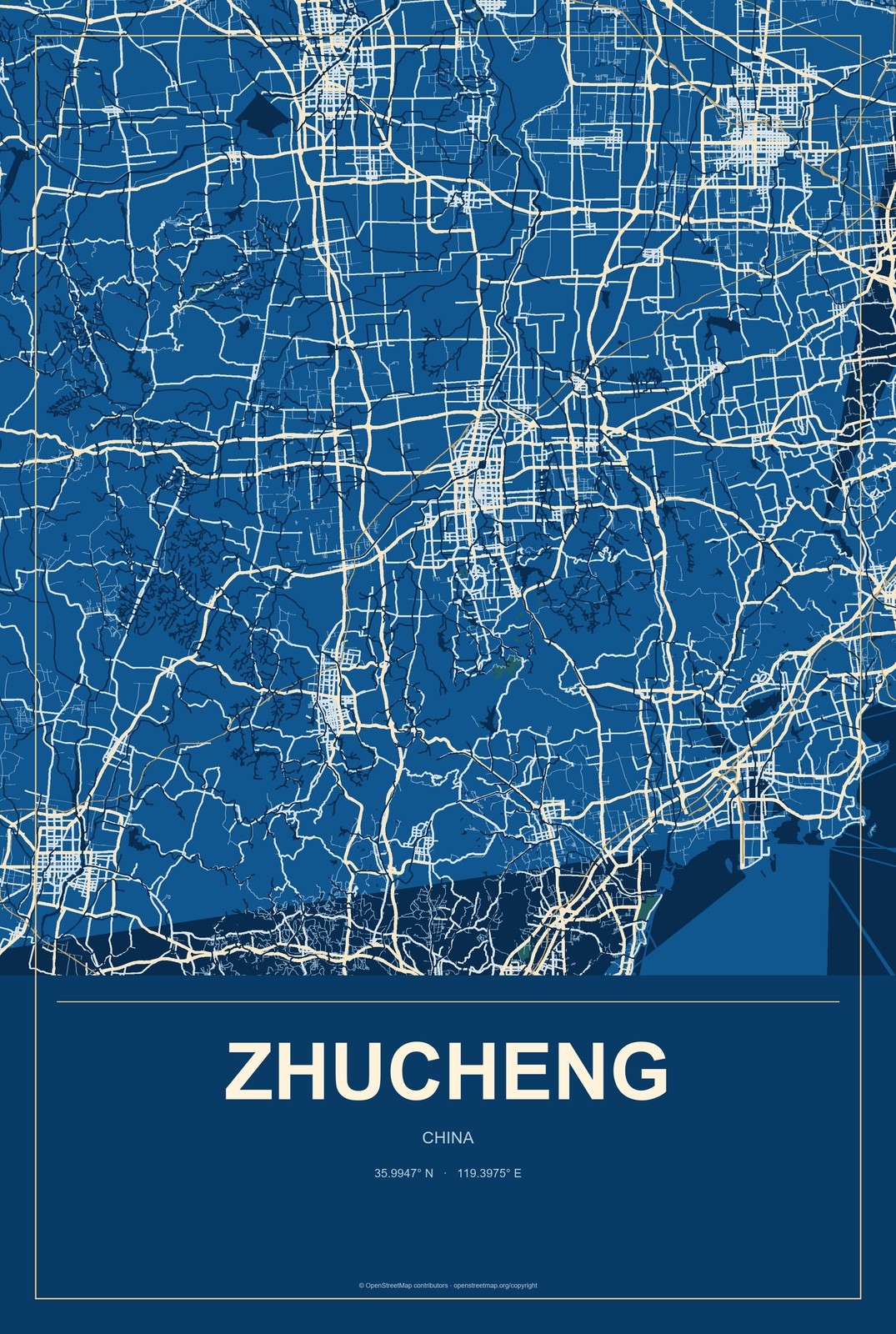 Zhucheng, China City Map Aluminum Sign in Harbor Cobalt style