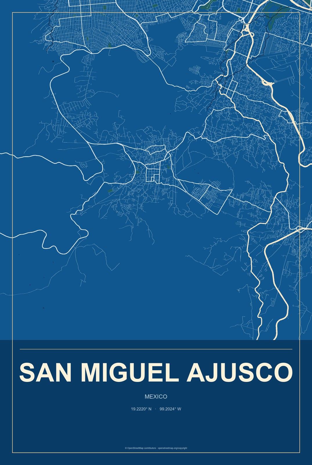 San Miguel Ajusco, Mexico City Map Aluminum Sign in Harbor Cobalt style
