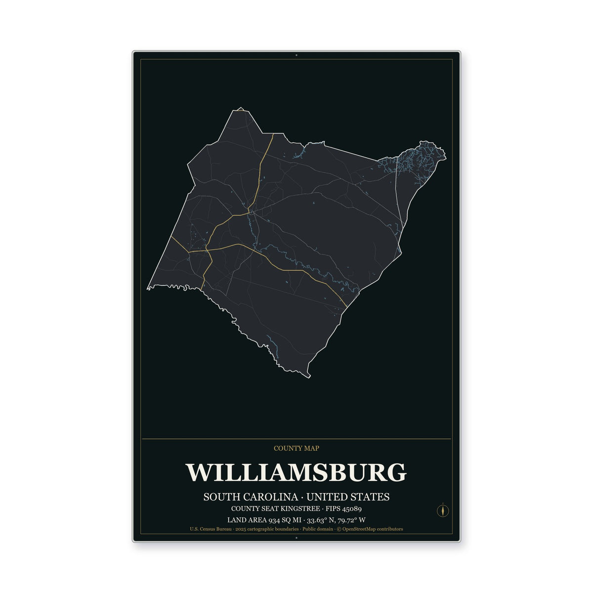 Williamsburg County, South Carolina Map Aluminum Sign in Metropolitan Noir style