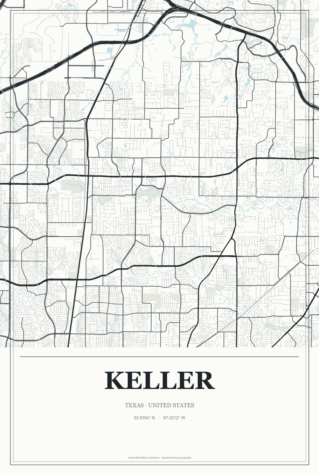Keller, Texas City Map Aluminum Sign in Gallery Air style