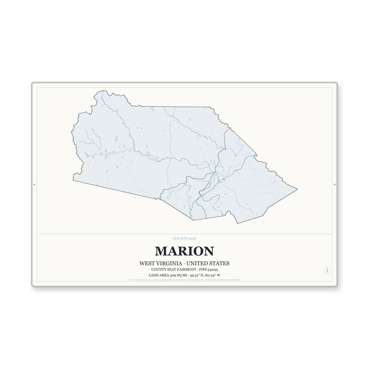 Marion County, West Virginia Map Aluminum Sign in Gallery Air style