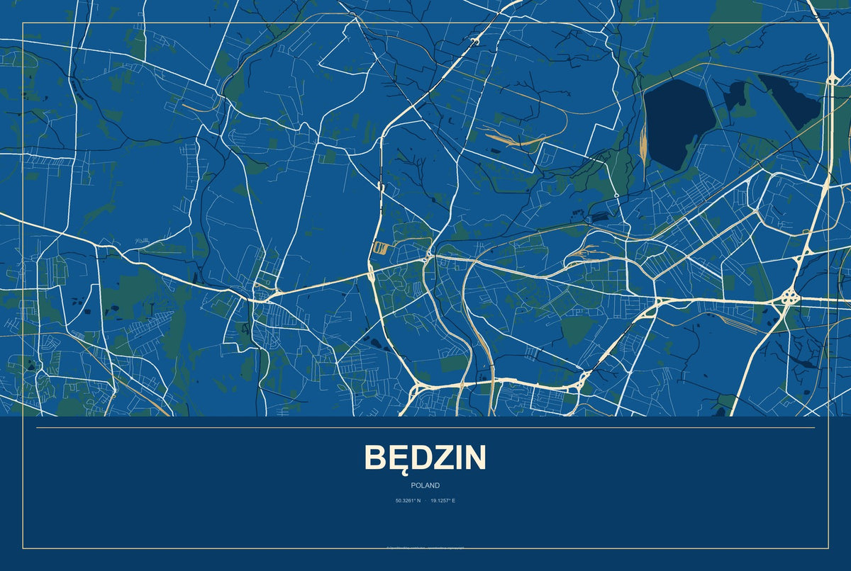Będzin, Poland City Map Aluminum Sign in Harbor Cobalt style