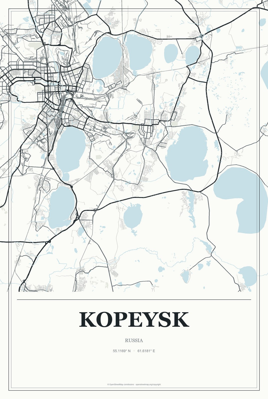 Kopeysk, Russia City Map Aluminum Sign in Gallery Air style