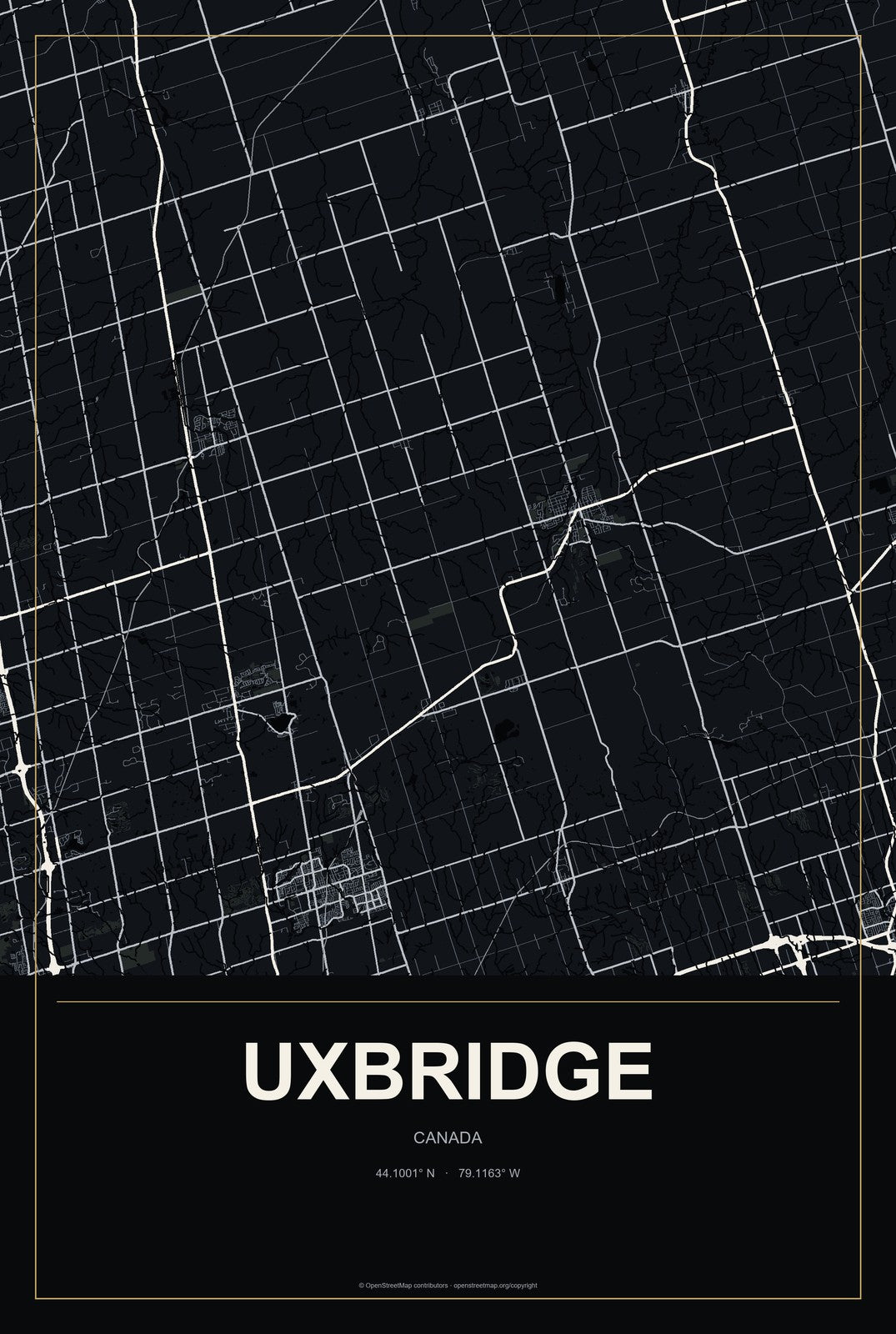 Uxbridge, Canada City Map Aluminum Sign in Metropolitan Noir style