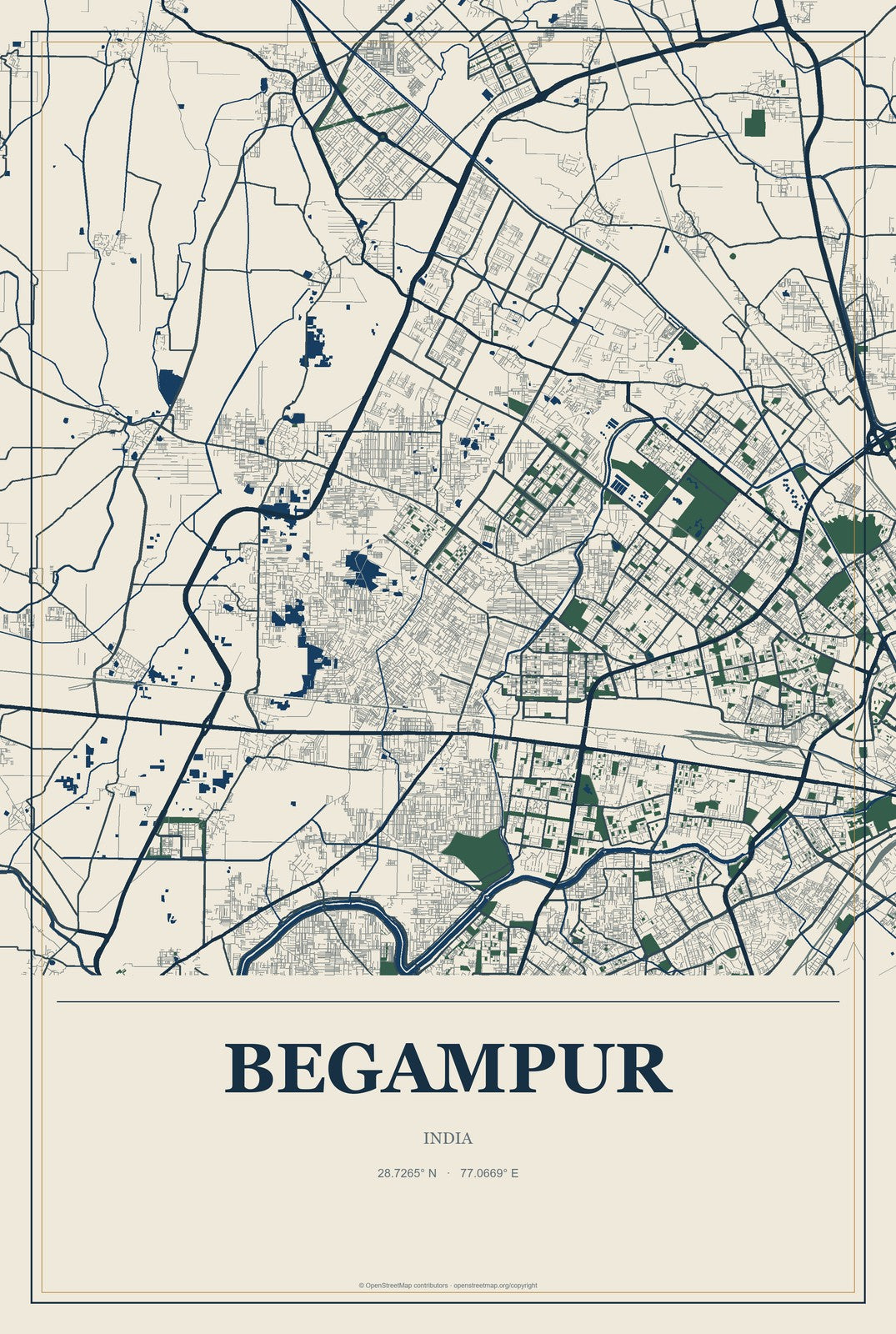 Begampur, India City Map Aluminum Sign in Coastal Cutout style