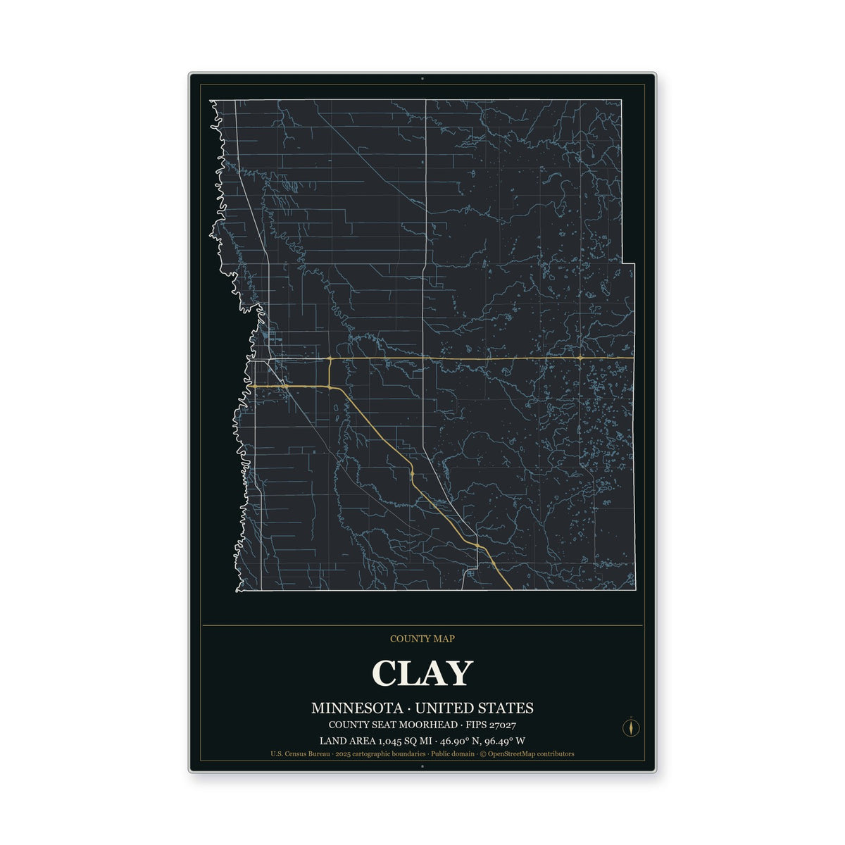 Clay County, Minnesota Map Aluminum Sign in Metropolitan Noir style