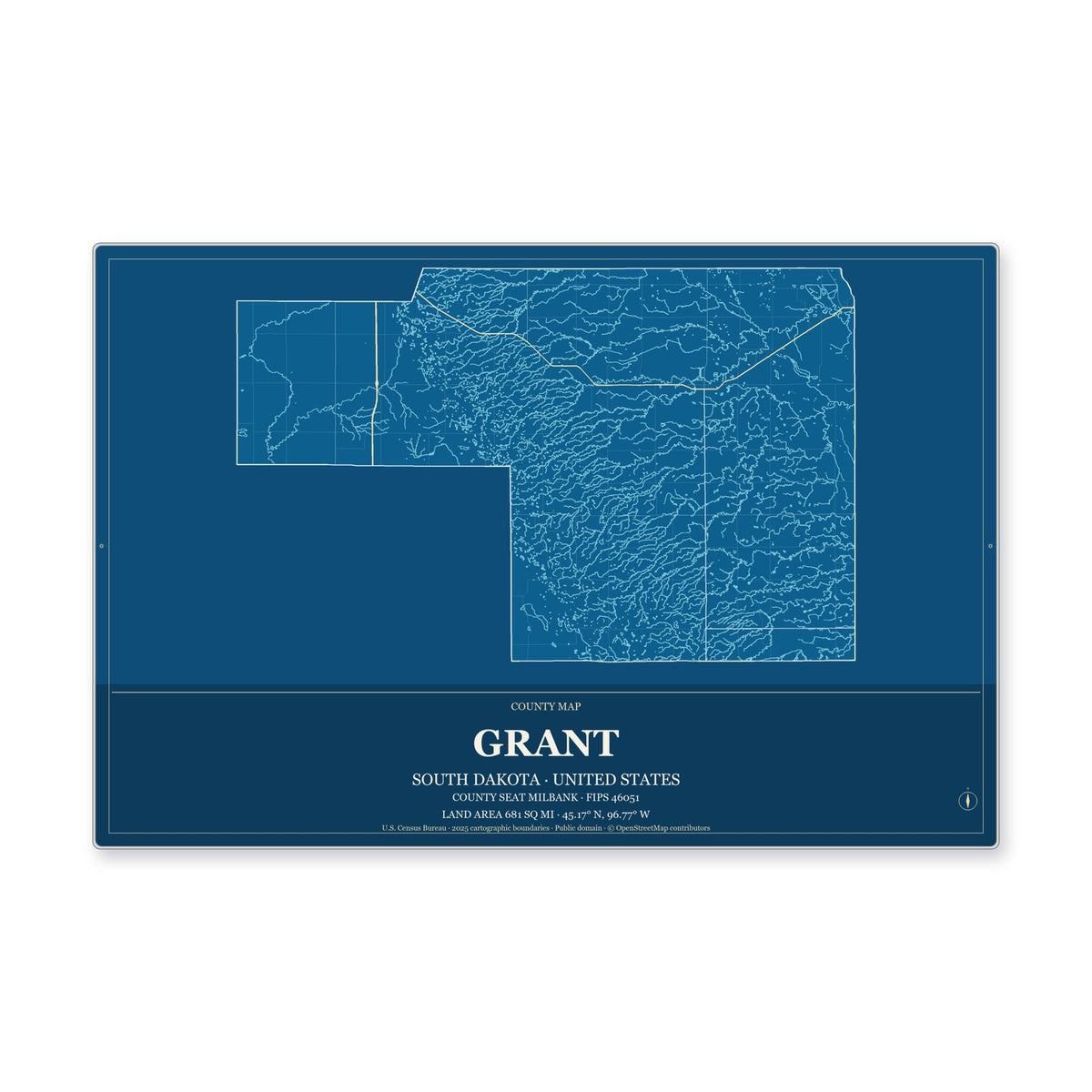 Grant County, South Dakota Map Aluminum Sign in Harbor Cobalt style