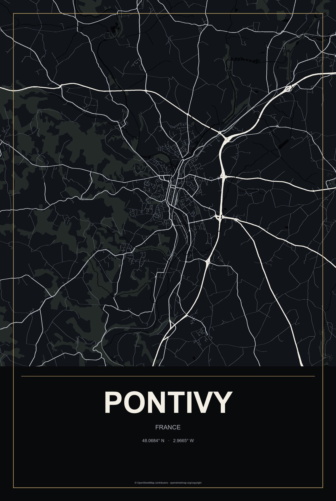 Pontivy, France City Map Aluminum Sign in Metropolitan Noir style