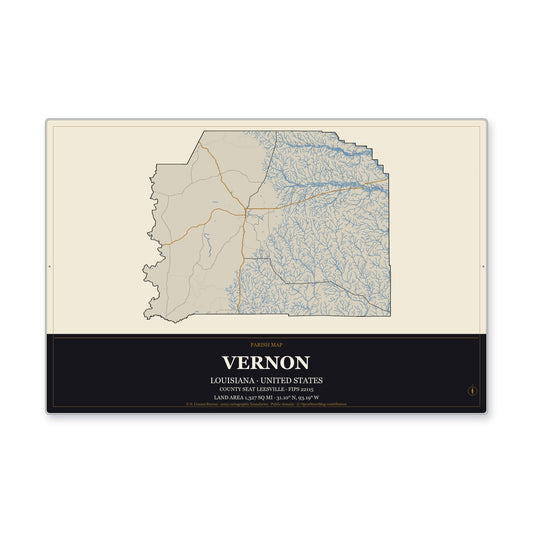 Vernon Parish, Louisiana Map Aluminum Sign in Museum Plaque style