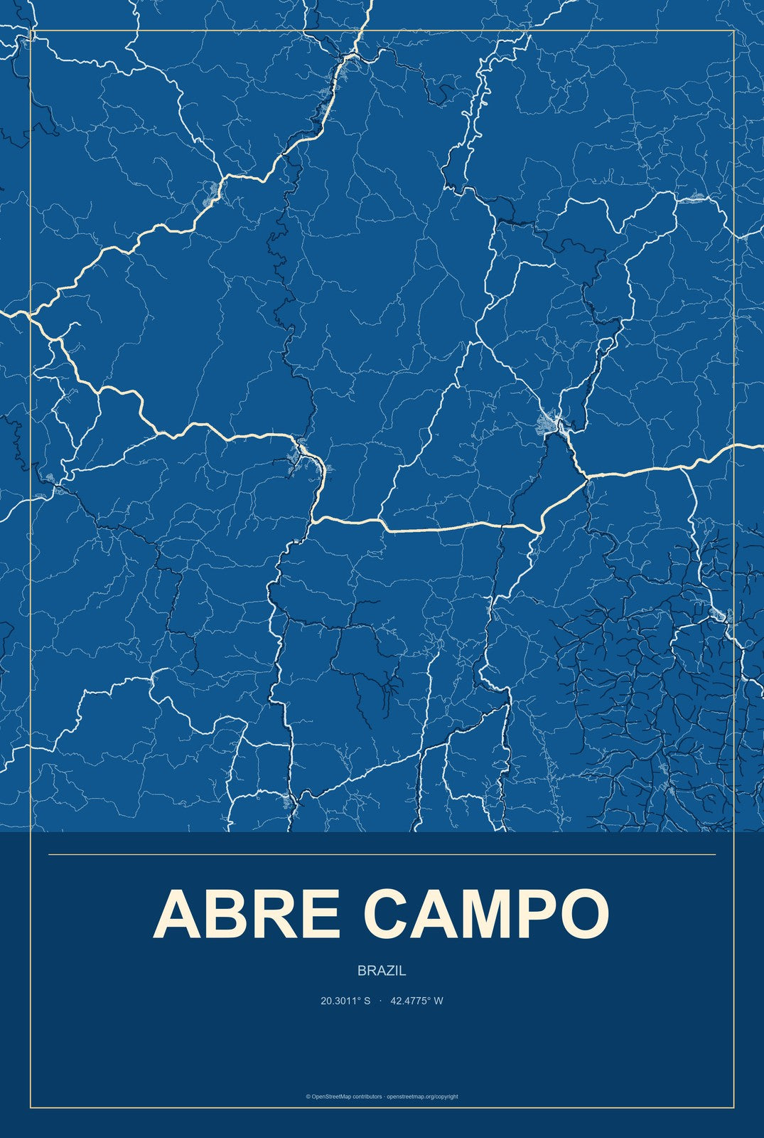 Abre Campo, Brazil City Map Aluminum Sign in Harbor Cobalt style