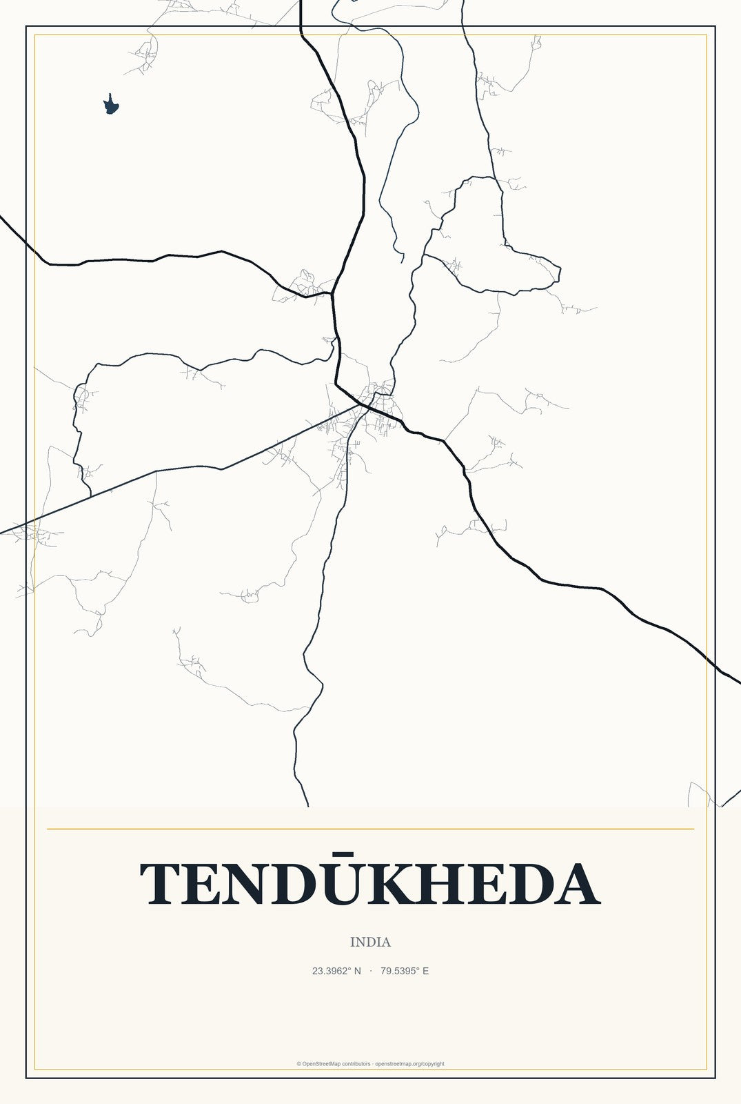 Tendūkheda, India City Map Aluminum Sign in Citrine Modern style