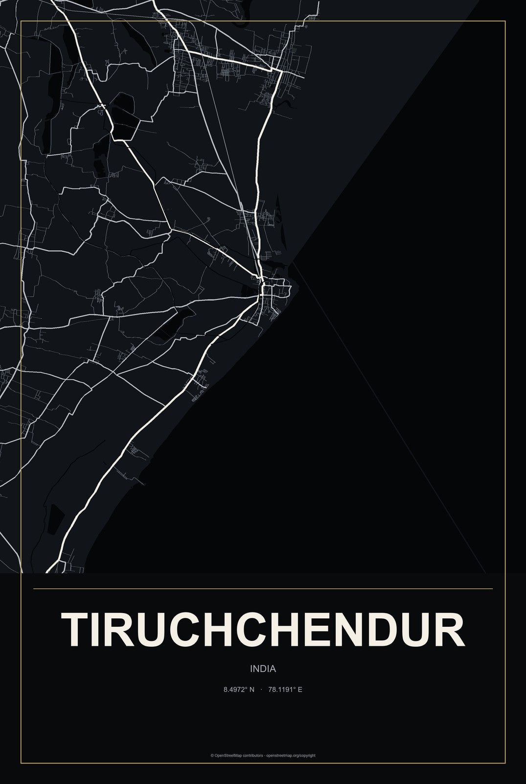 Tiruchchendur, India City Map Aluminum Sign in Metropolitan Noir style