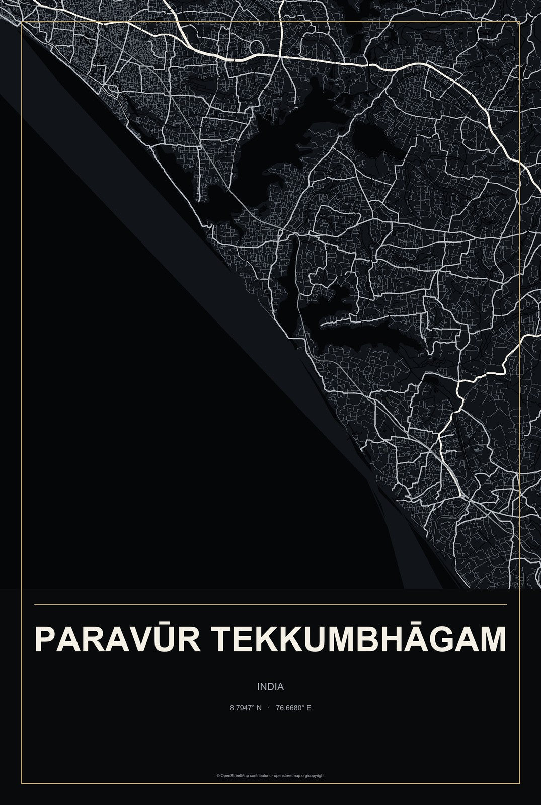 Paravūr Tekkumbhāgam, India City Map Aluminum Sign in Metropolitan Noir style