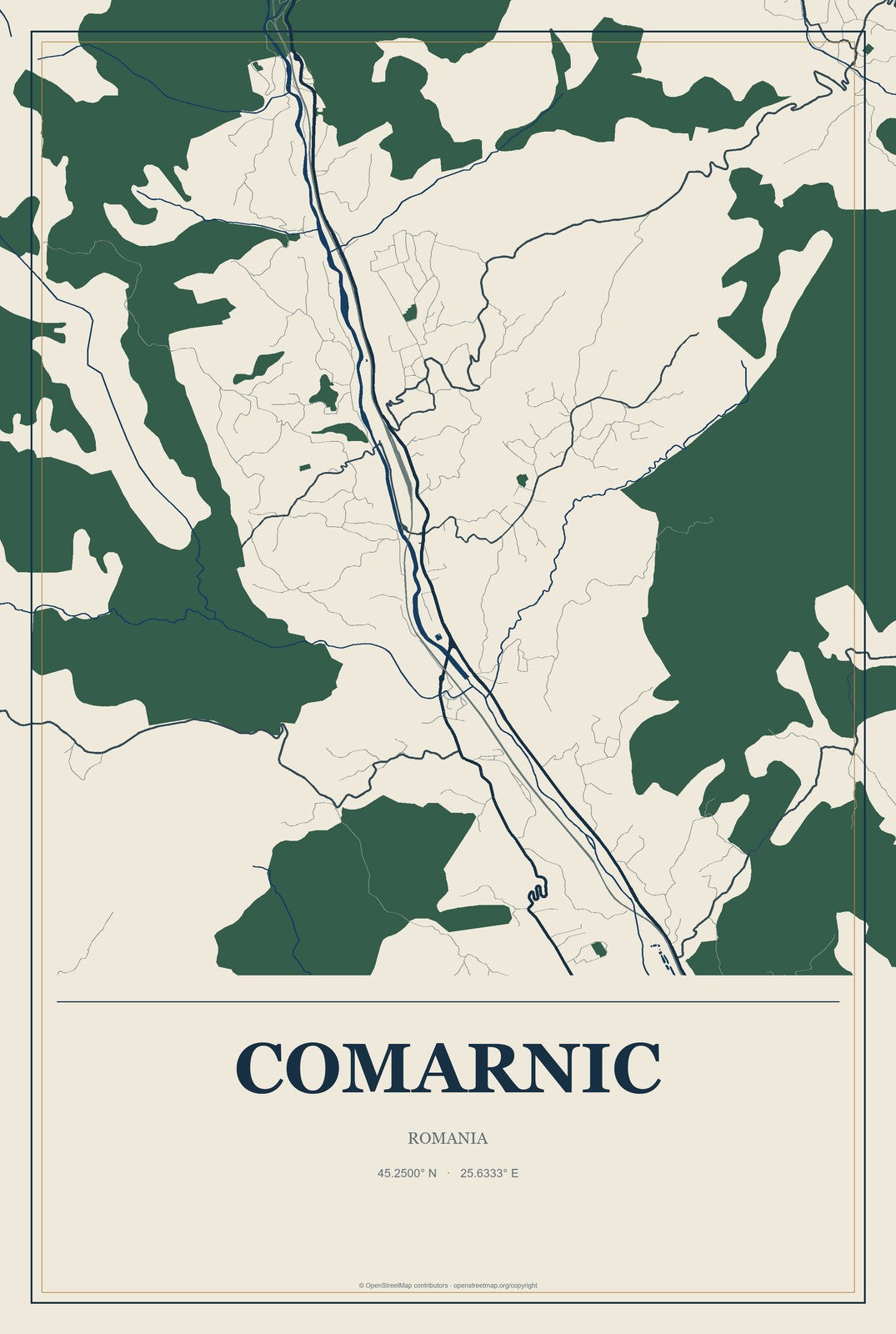 Comarnic, Romania City Map Aluminum Sign in Coastal Cutout style