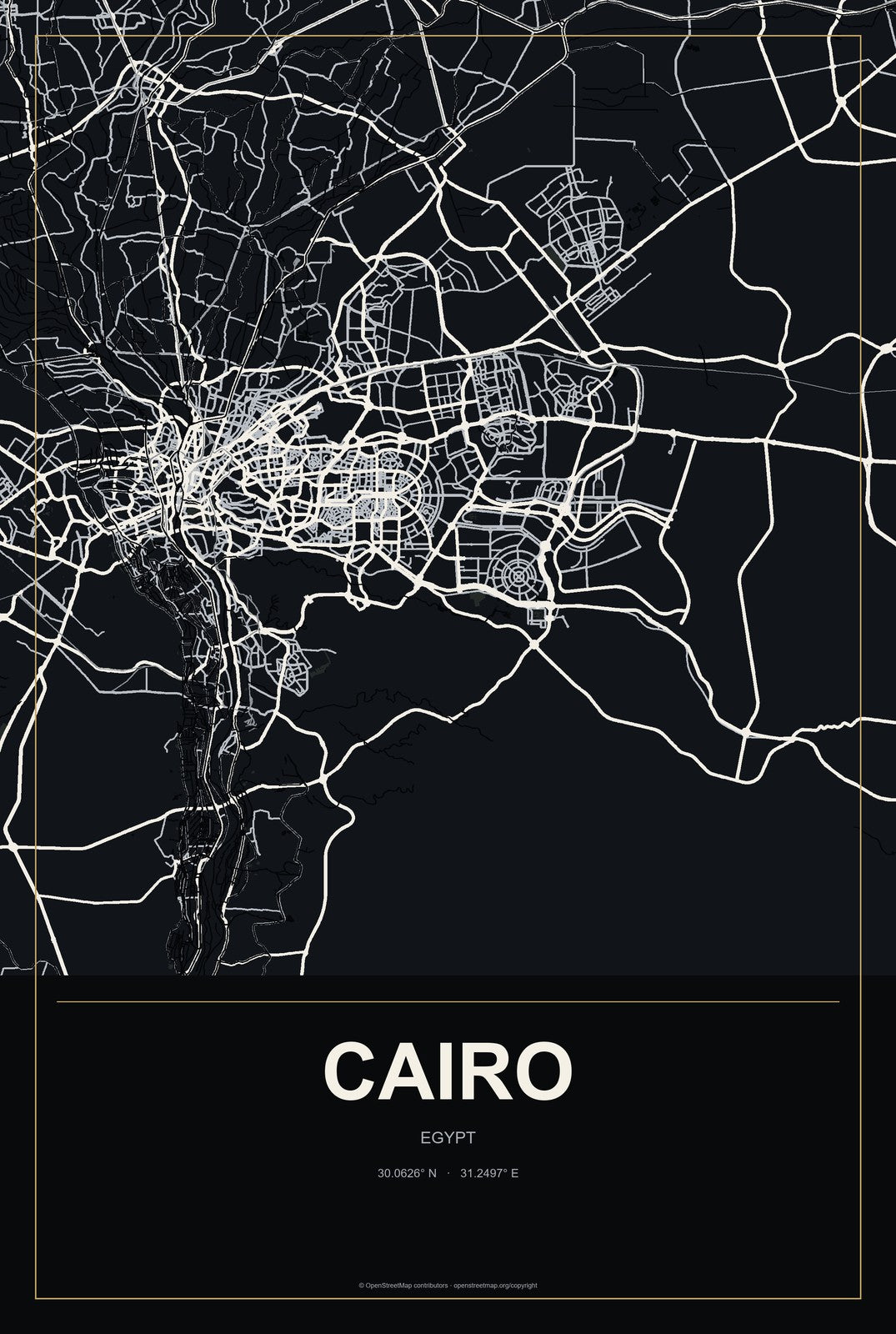 Cairo, Egypt City Map Aluminum Sign in Metropolitan Noir style