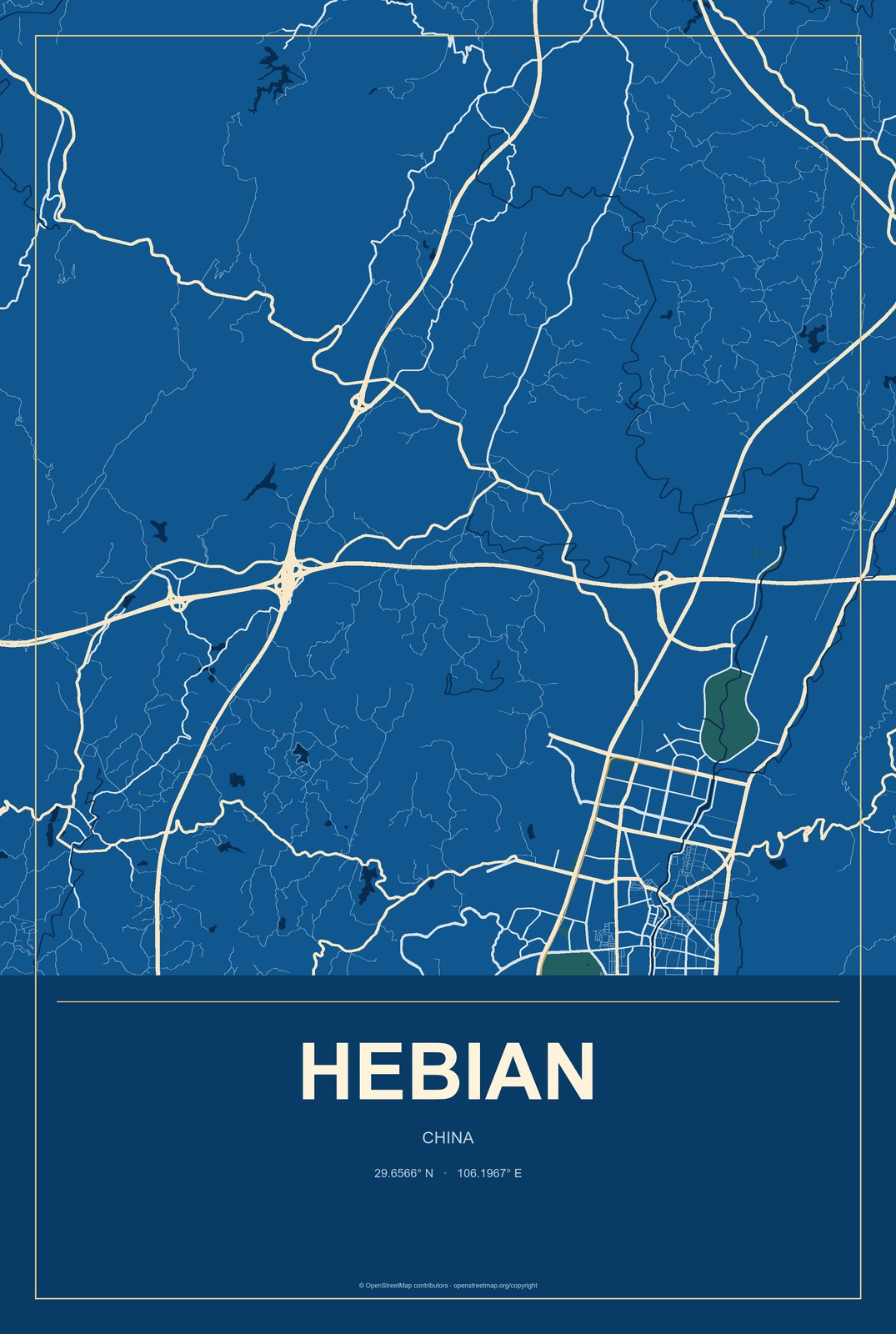 Hebian, China City Map Aluminum Sign in Harbor Cobalt style