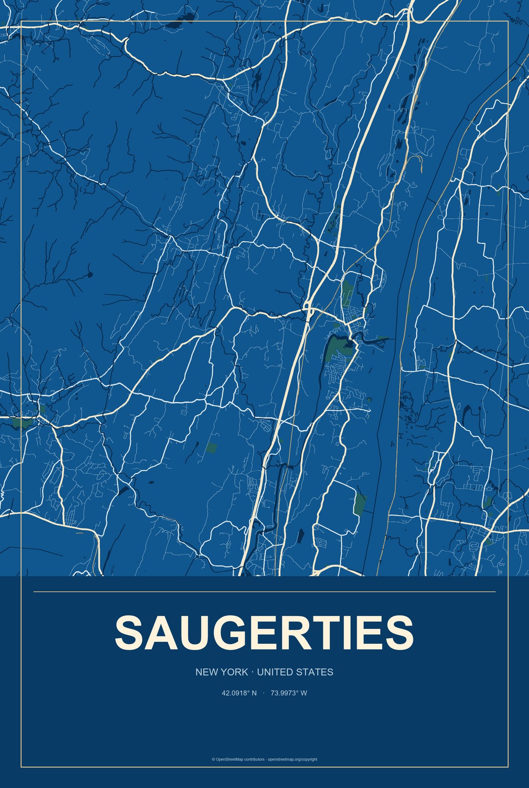 Saugerties, New York City Map Aluminum Sign in Harbor Cobalt style