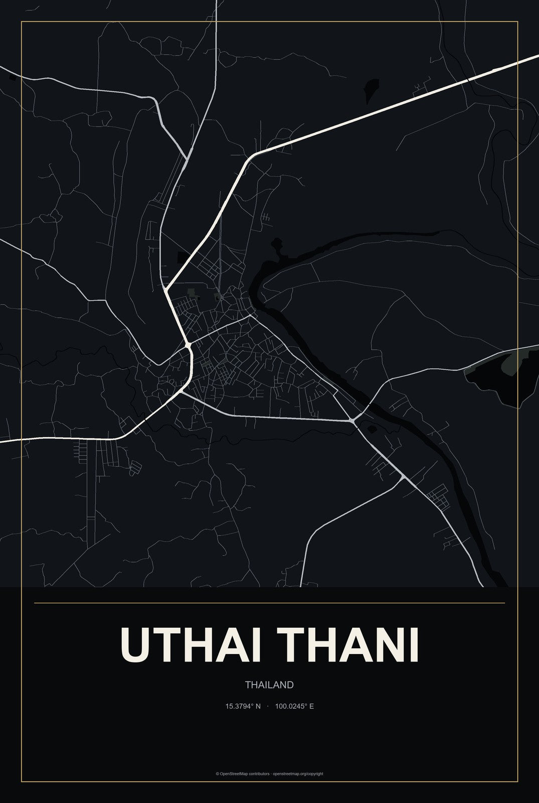 Uthai Thani, Thailand City Map Aluminum Sign in Metropolitan Noir style