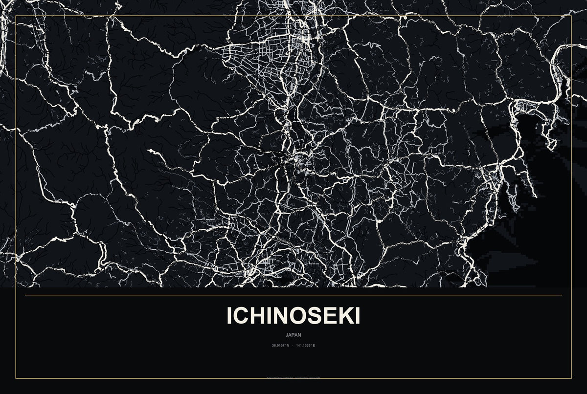Ichinoseki, Japan City Map Aluminum Sign in Metropolitan Noir style